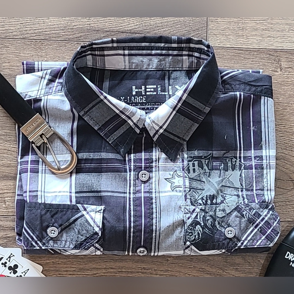 Genlty Worn! HELIX - Mens Plaid Graphic Long Sleeve Shirt - Size XL Y2K